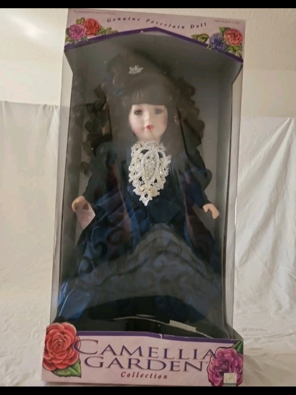 Vintage 1997 Camellia Garden Porcelain Doll - Navy Blue Lace Dress New In Box
